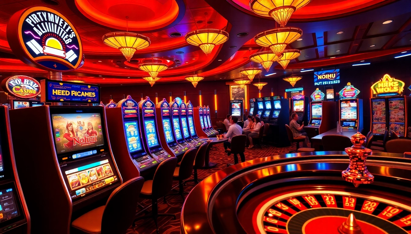 Nohu-themed casino games with players engaged, vibrant slot machines, and poker tables.