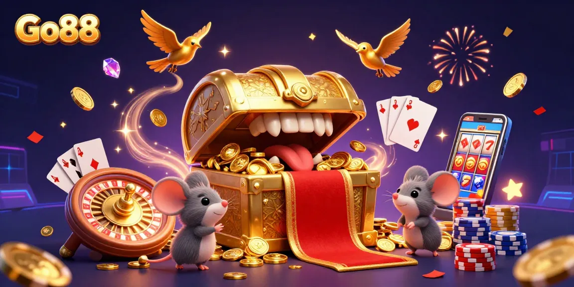 Experience exciting wins at Go88 with vibrant 3D casino adventures featuring treasure, cards, and winning coins.