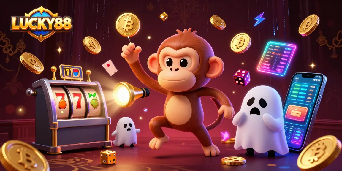LUCKY88 showcases a lively casino scene with a ghost-hunter puppy and a poltergeist monkey juggling winnings.